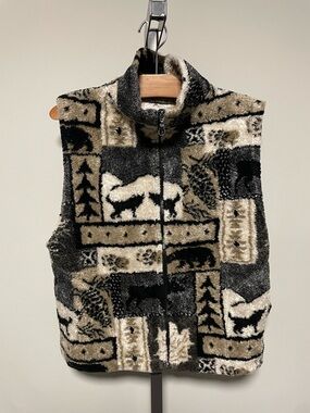 90s Vintage Black Mountain Outdoor Nature Scene Vest Fleece Sherpa Wildlife